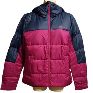 Marmot Women's Guides Down Hoody Coat. Color Wild Rose/Artic Navy. Size Small